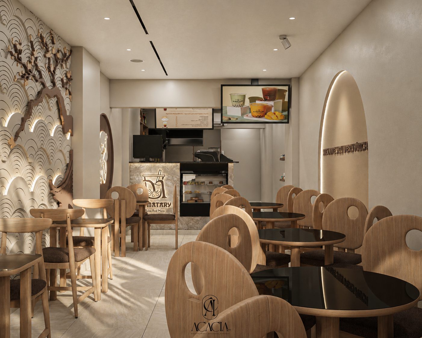 Al-Matary Caffee seating area and wave-pattern wall by Acacia Zone