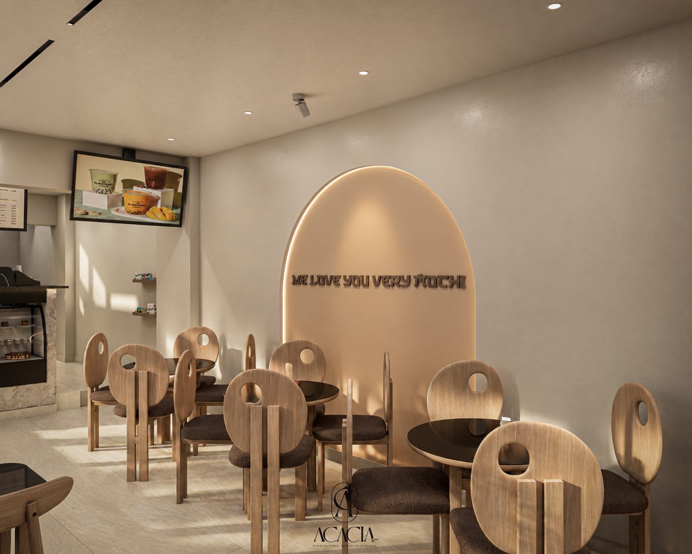 Al-Matary Caffee arched Mochi wall in the seating area