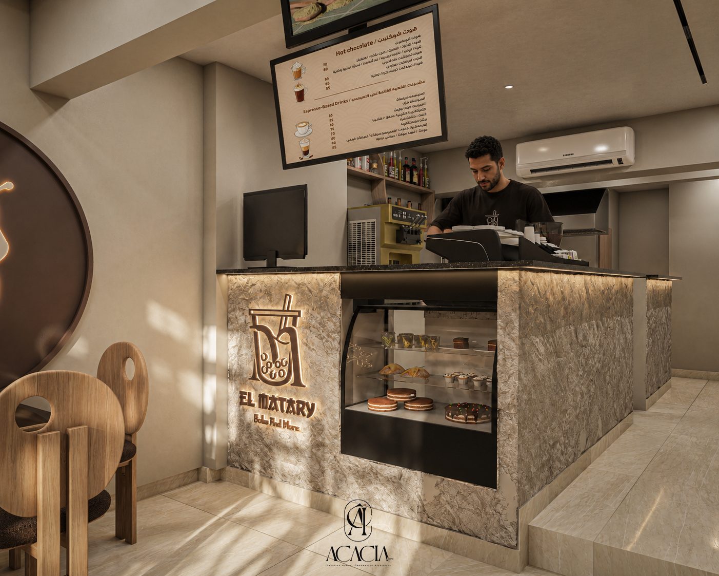 Al-Matary Caffee counter with backlit logo