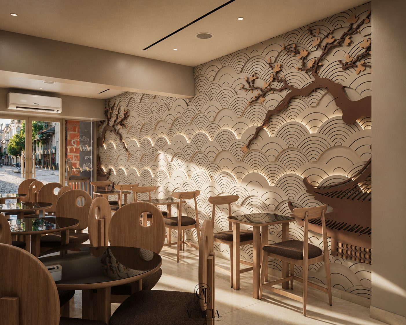 Al-Matary Caffee wave-pattern wall with cherry blossom branch