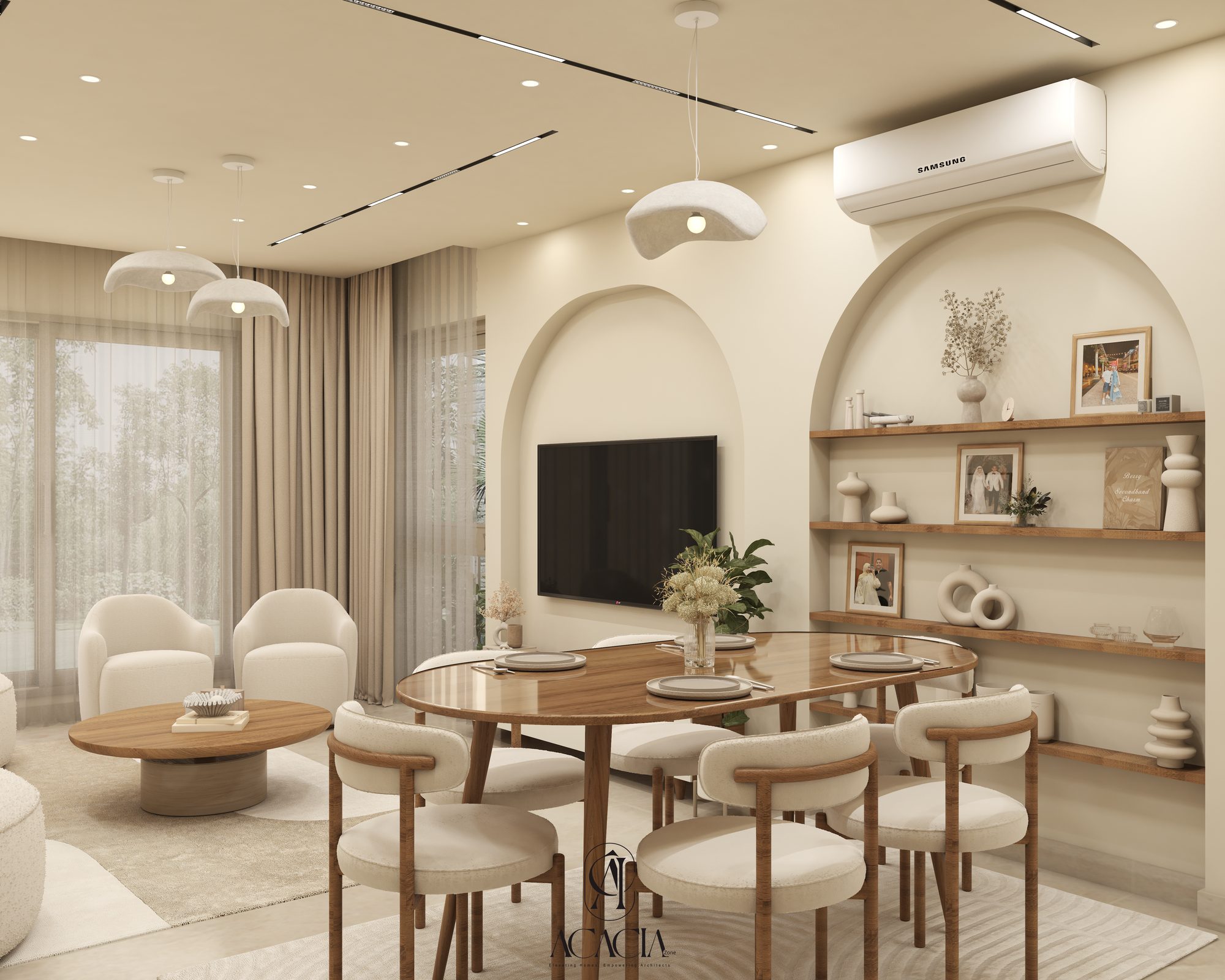 The Calm Residence dining and living area with arched niches