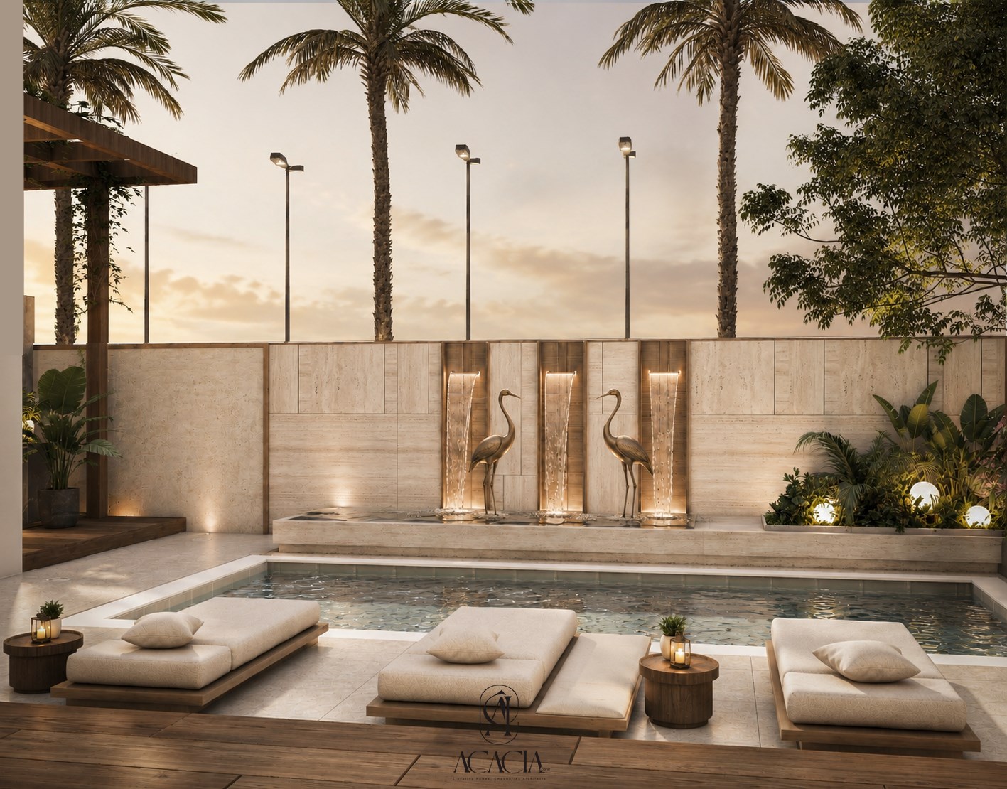 Dubai Emaar villa pool at sunset with travertine waterfall wall and brass cranes by Acacia Zone