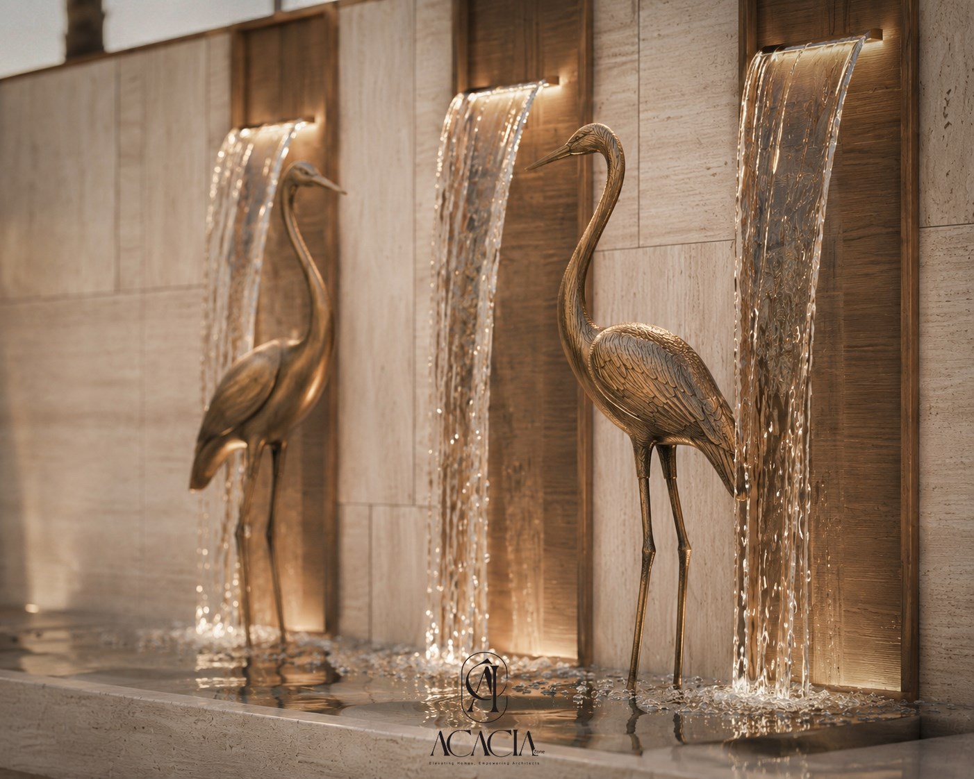 Brass crane sculptures and backlit waterfall spouts on a travertine wall