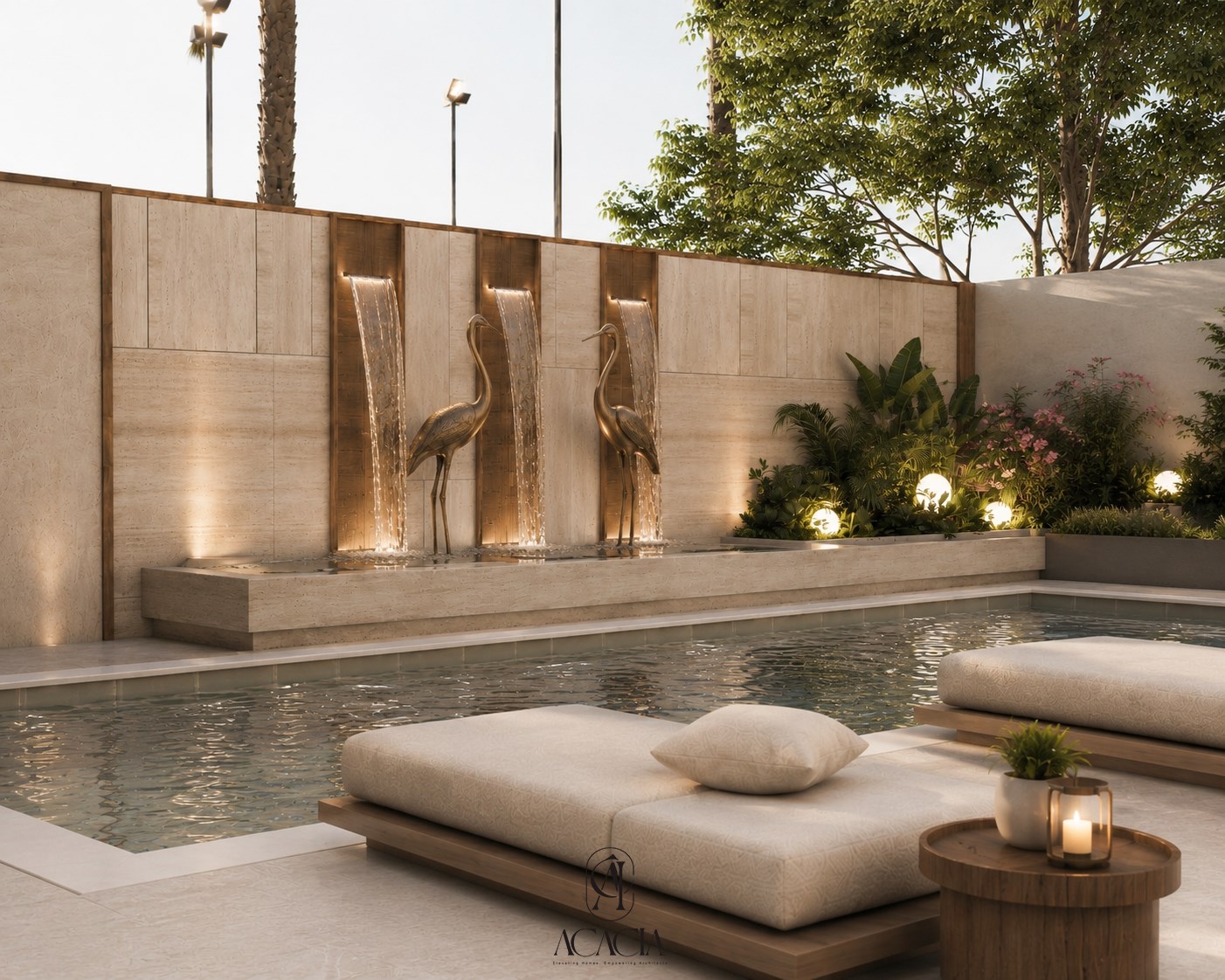 Pool with cream daybeds facing the waterfall wall at dusk