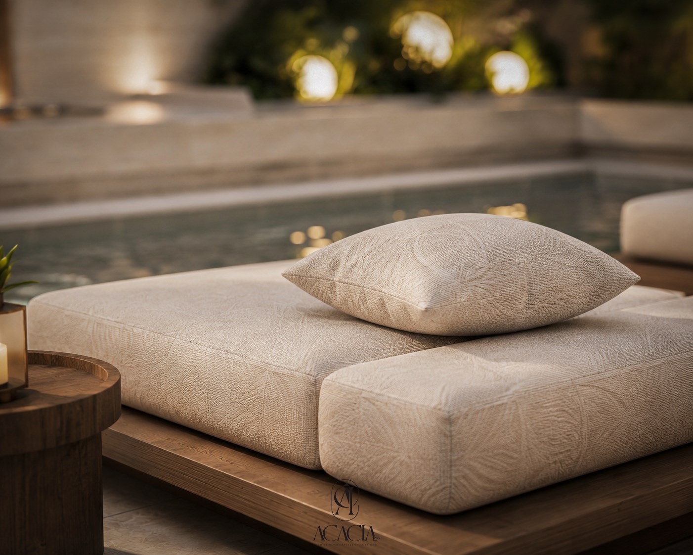 Poolside daybed cushion and pillow in textured cream weave