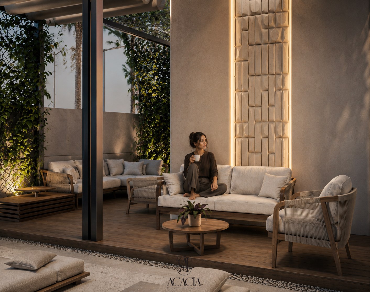 Pergola lounge with cream rope sofas and a backlit 3D plaster feature wall