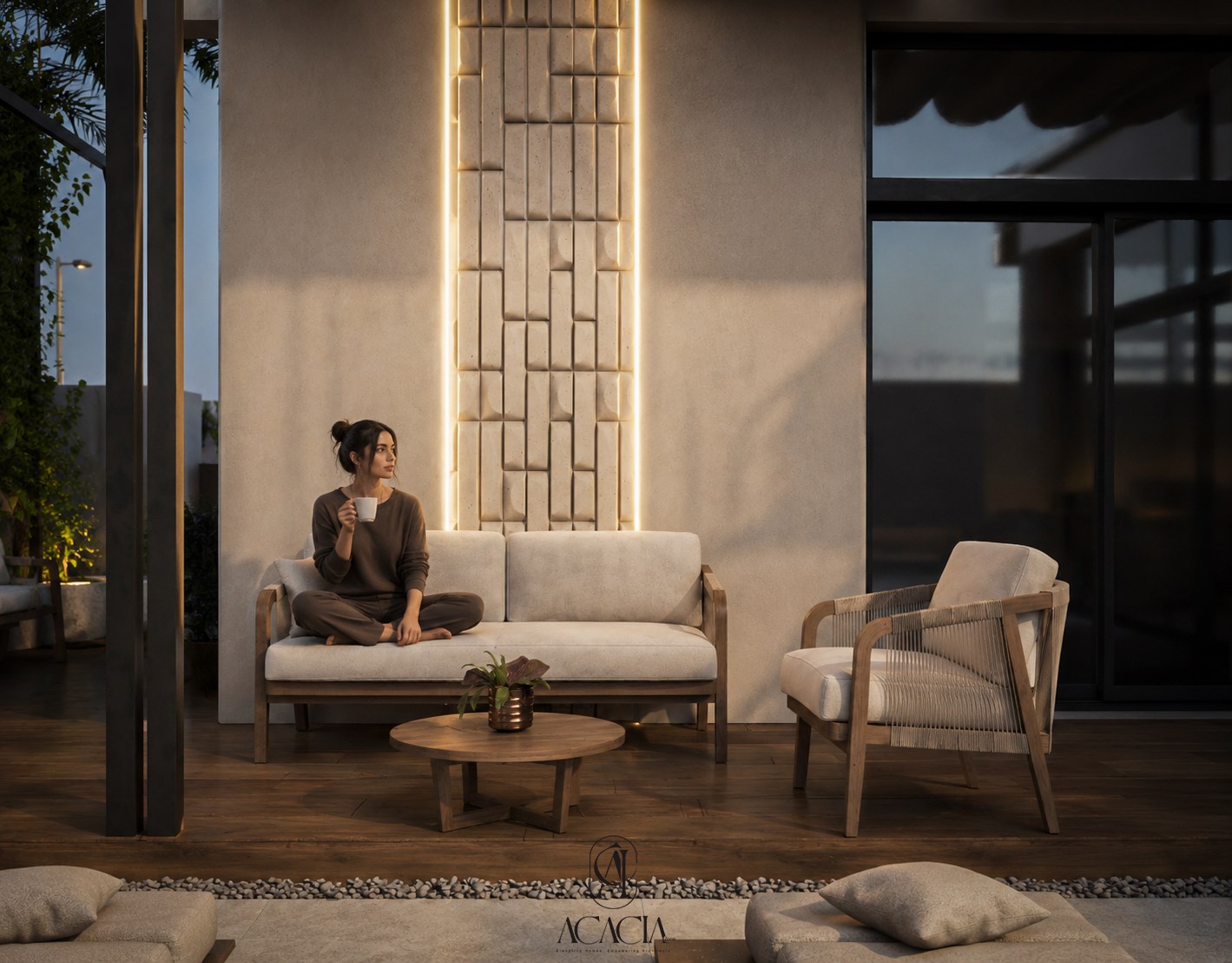 Lounge sofa and armchair against the backlit feature wall in the evening