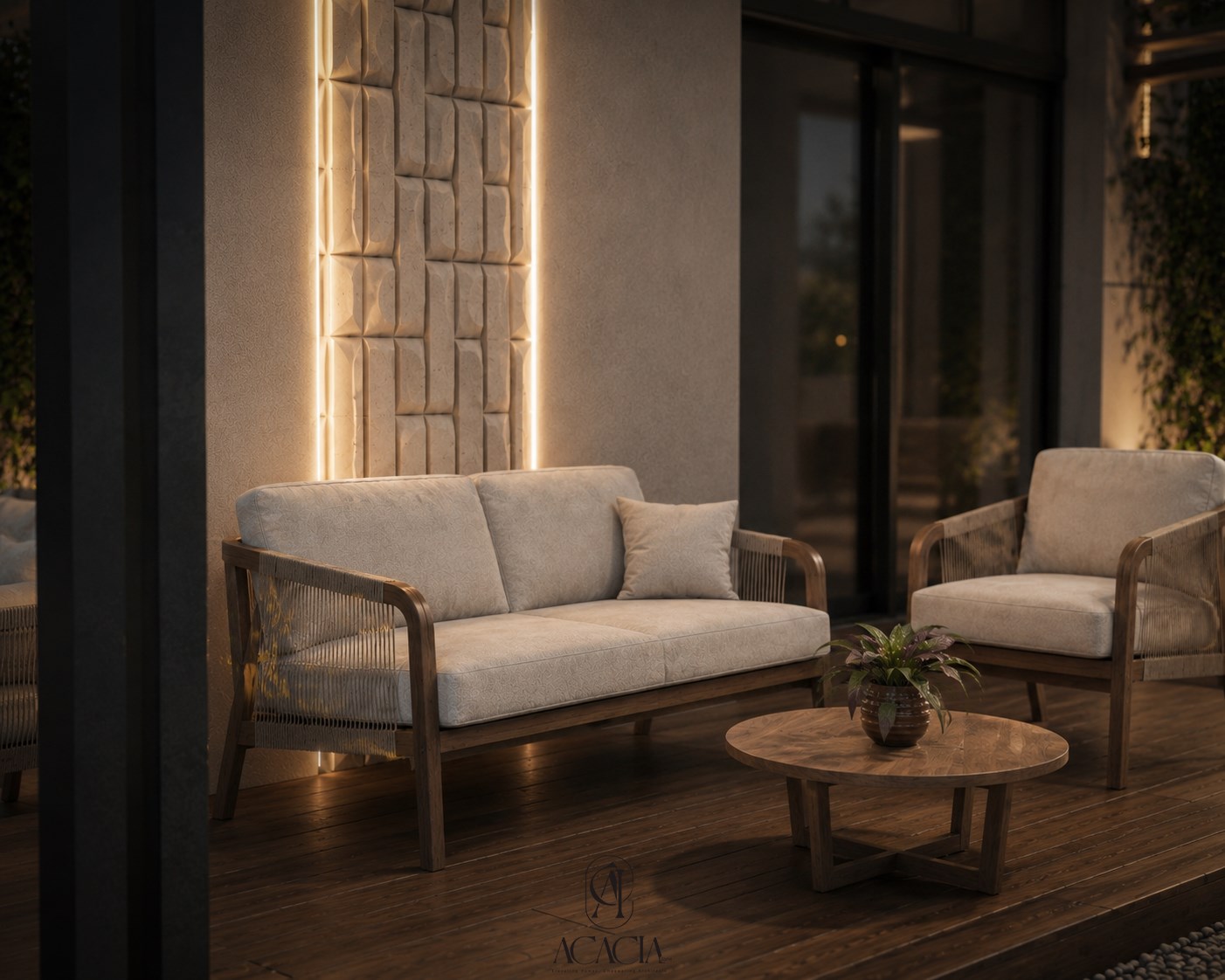 Pergola lounge seating at night beside the villa's glass doors