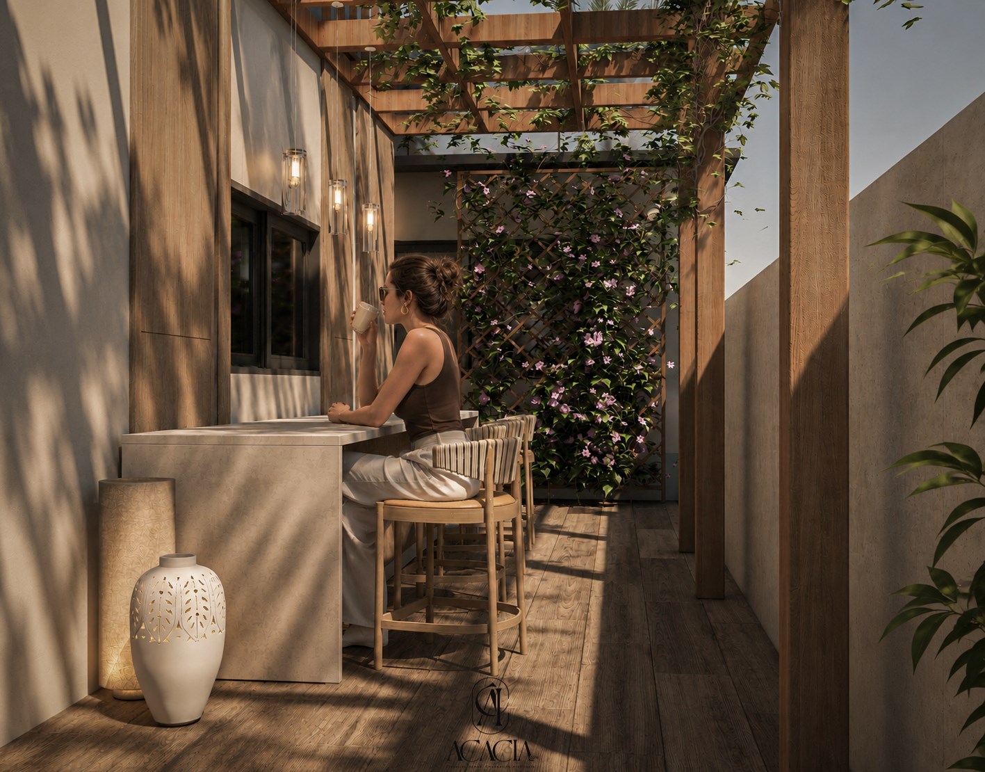 Garden bar counter with rope-back stools under a pergola and flowering trellis