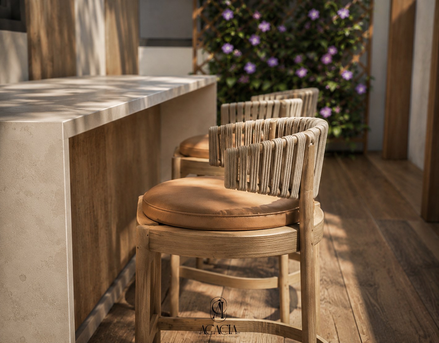 Close-up of woven rope-back oak bar stools at the stone counter