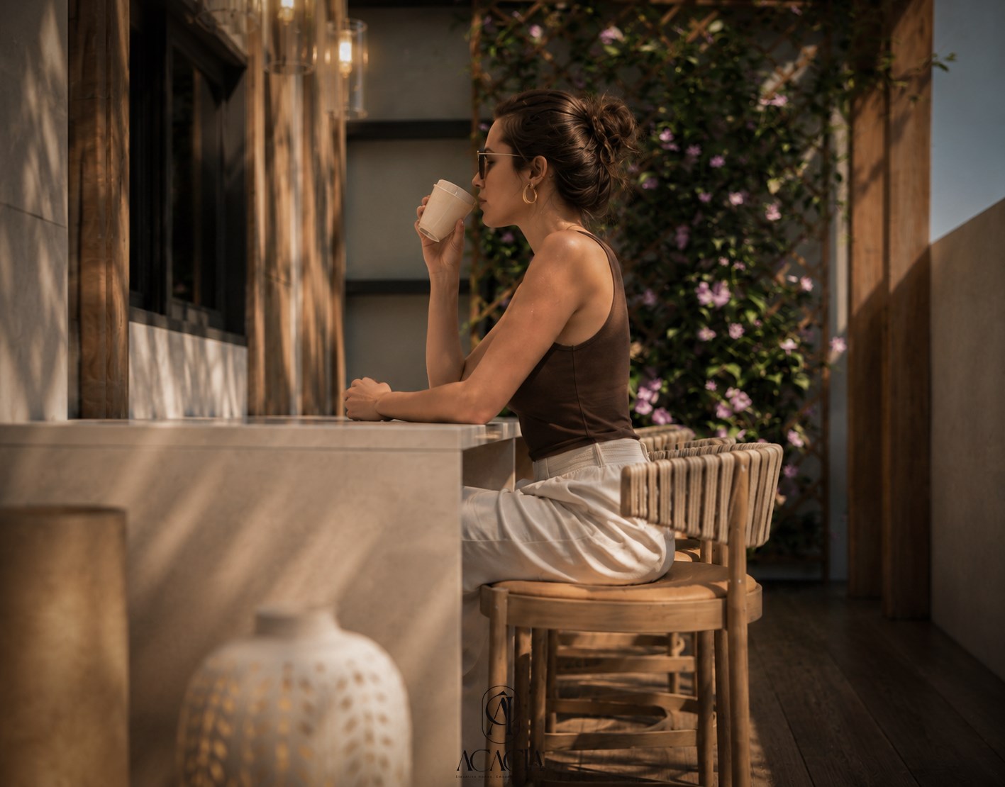 Side view of the garden bar counter in warm afternoon light