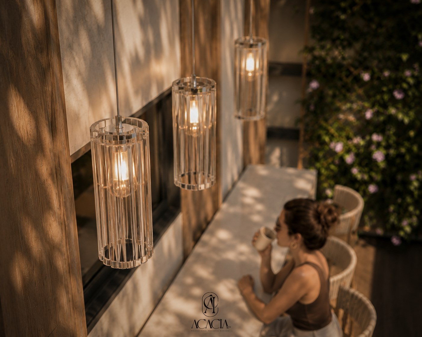 Crystal cylinder pendant lights above the garden bar counter