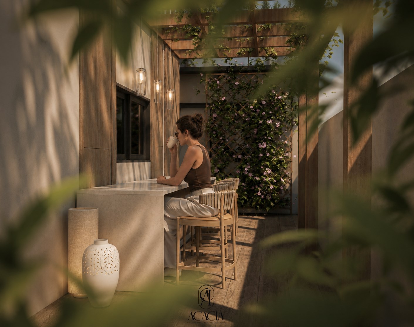 Garden bar framed through green foliage