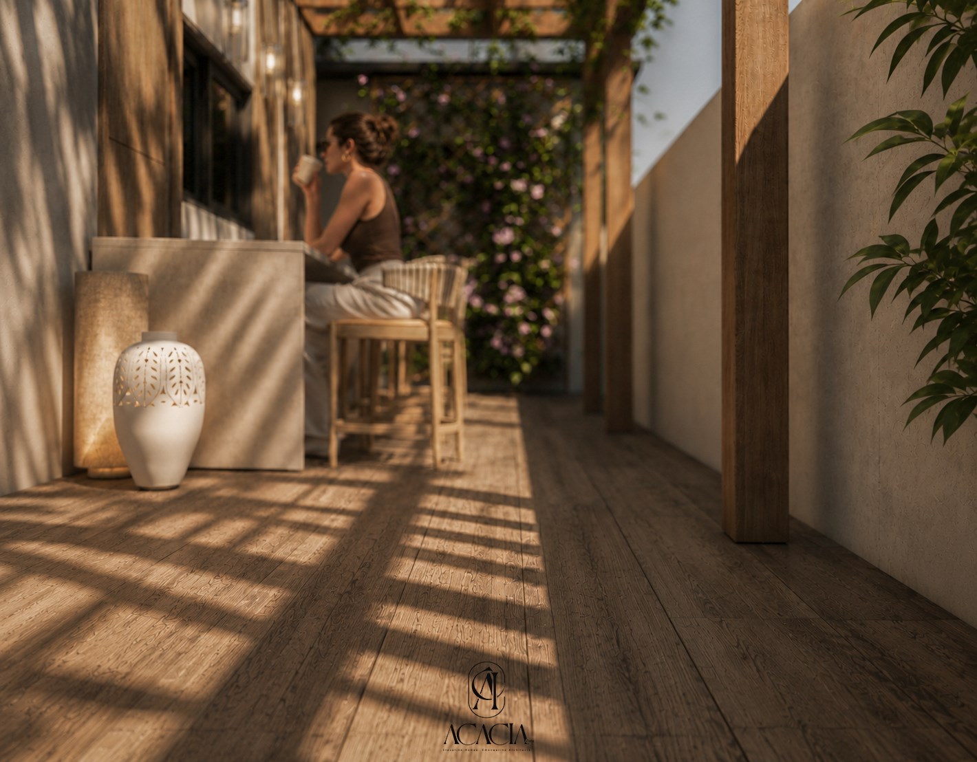 Oak deck with pergola shadows and ceramic vases beside the garden bar