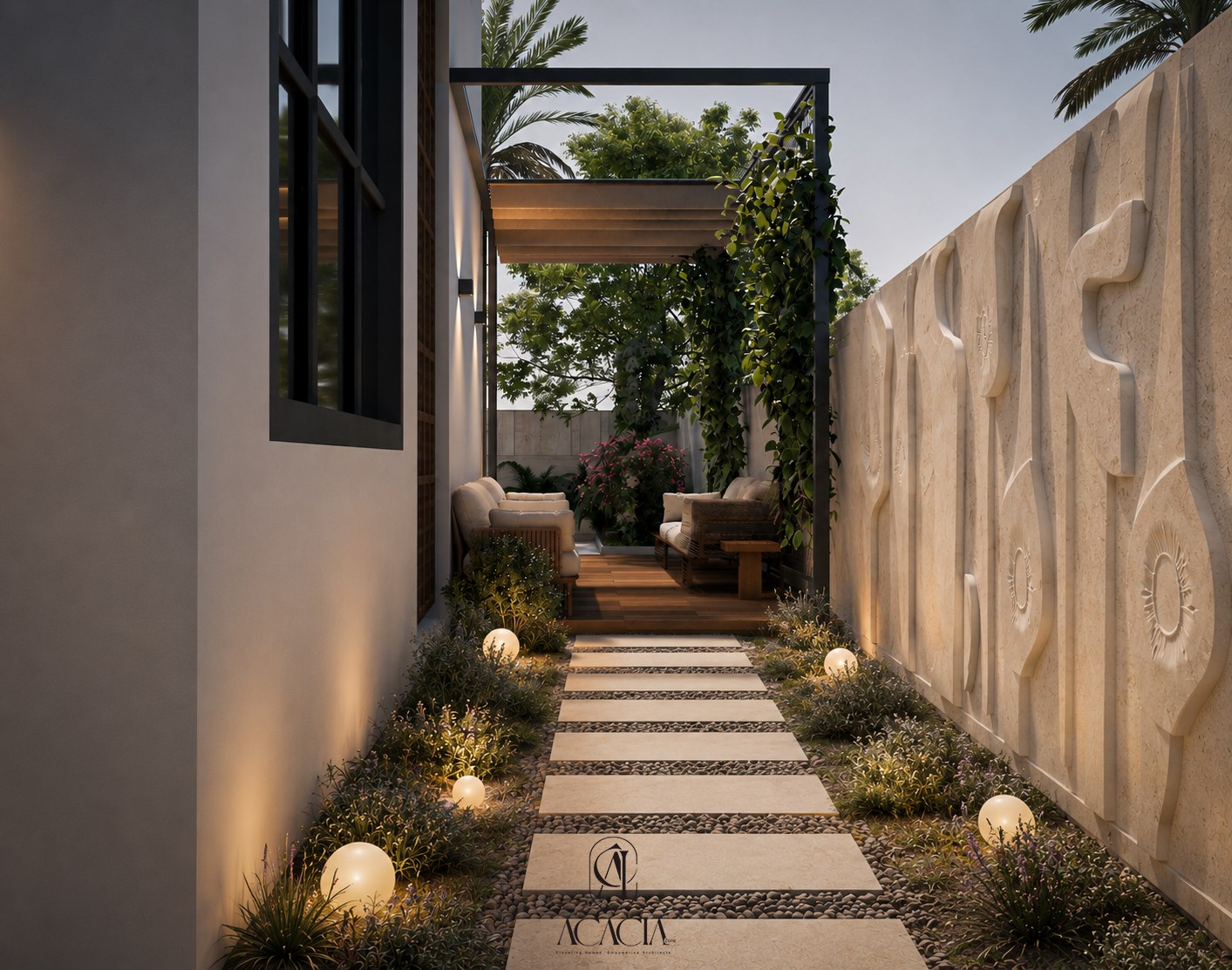 Side garden path with stepping pavers, globe lights, and a sculpted stone relief wall