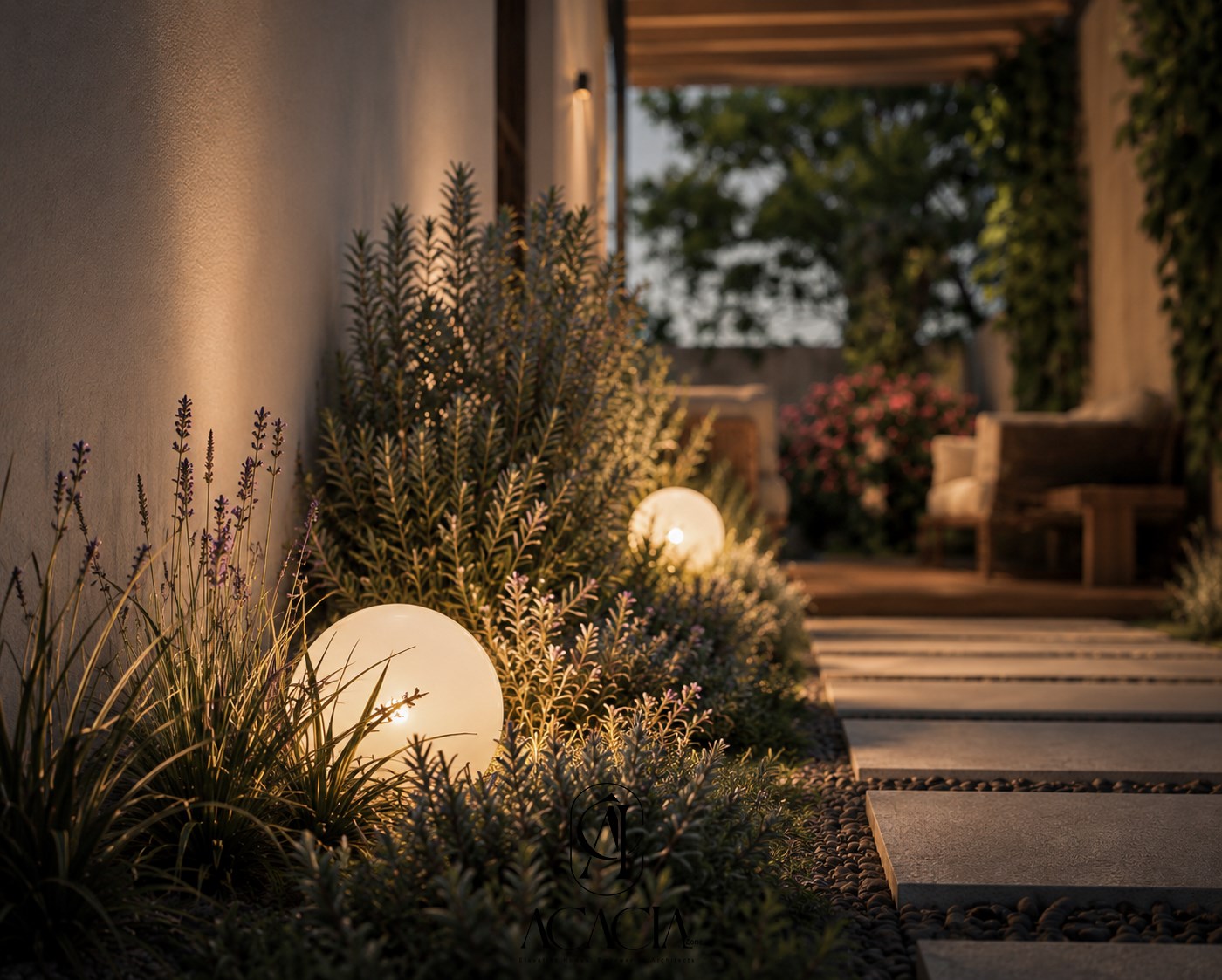 Opal globe light glowing among lavender and rosemary at dusk