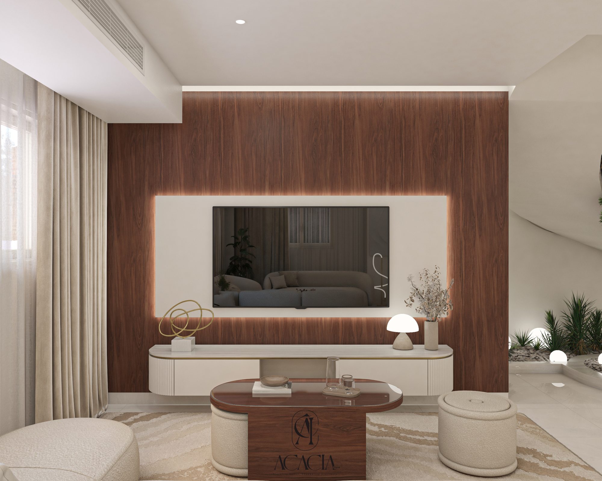 Reeded walnut TV wall unit in the Lakes View living room