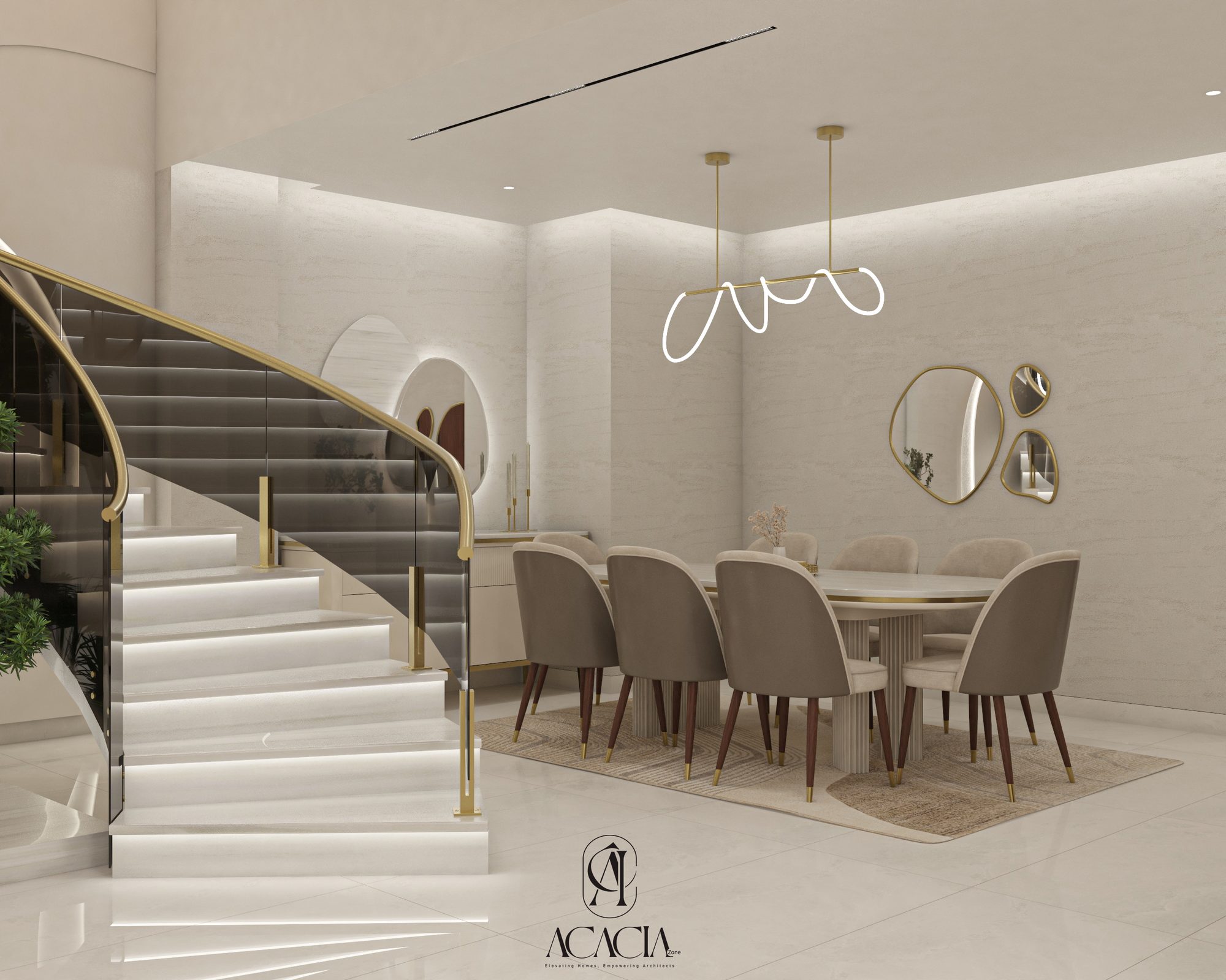 Eight-seat dining table beneath egg-shaped mirror cluster at Lakes View