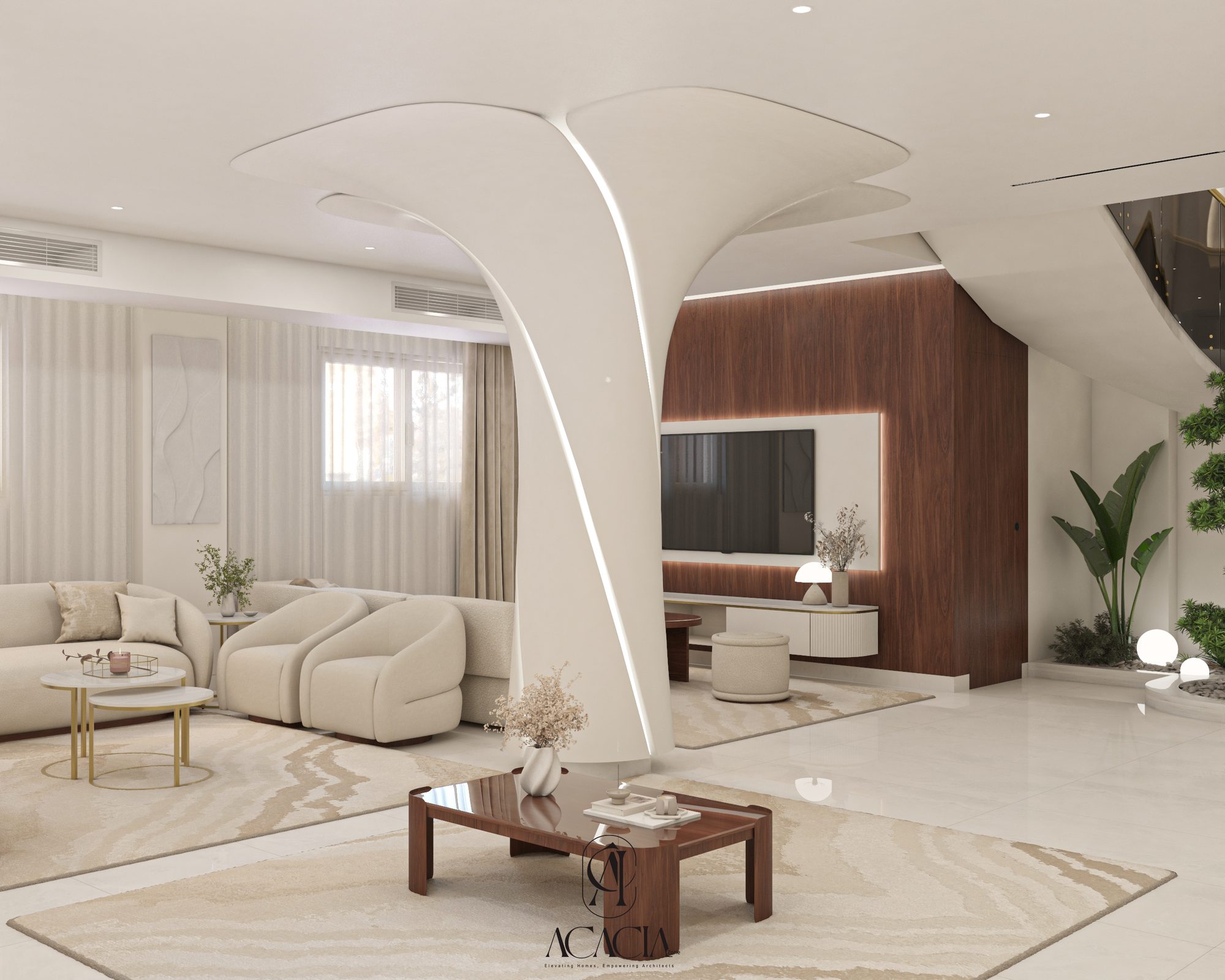 Lakes View duplex — sculptural living room ceiling, Acacia Zone