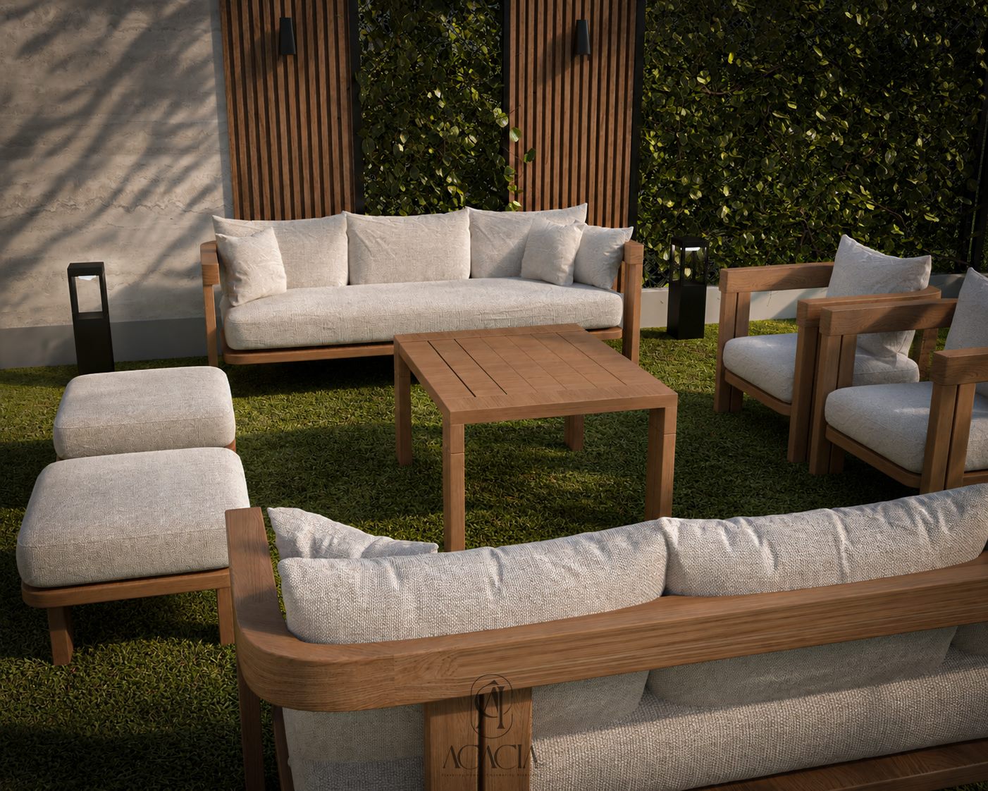 Close-up of teak-framed sofa and armchair with boucle cushions
