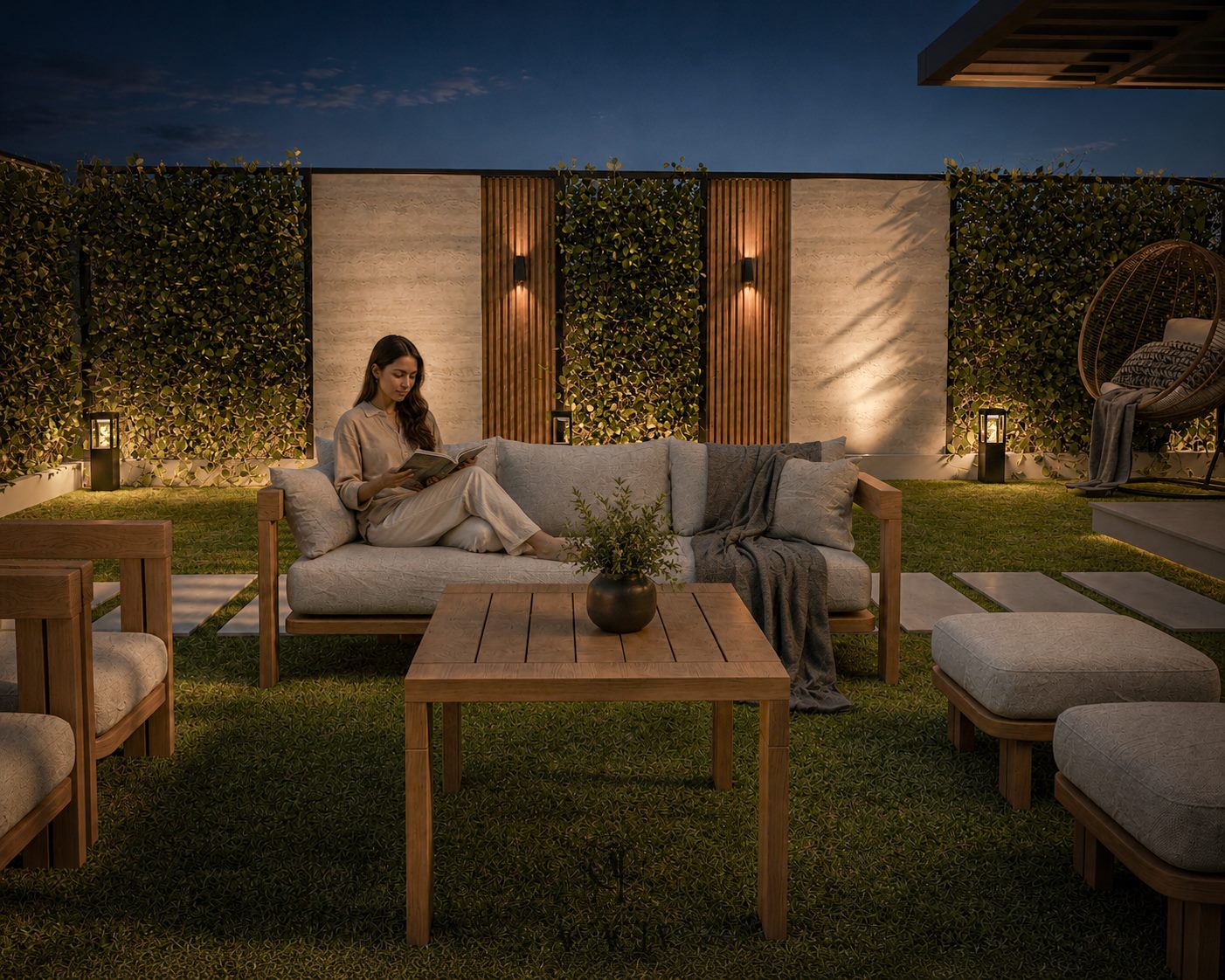 Woman reading on the garden sofa at dusk with wall sconces lit
