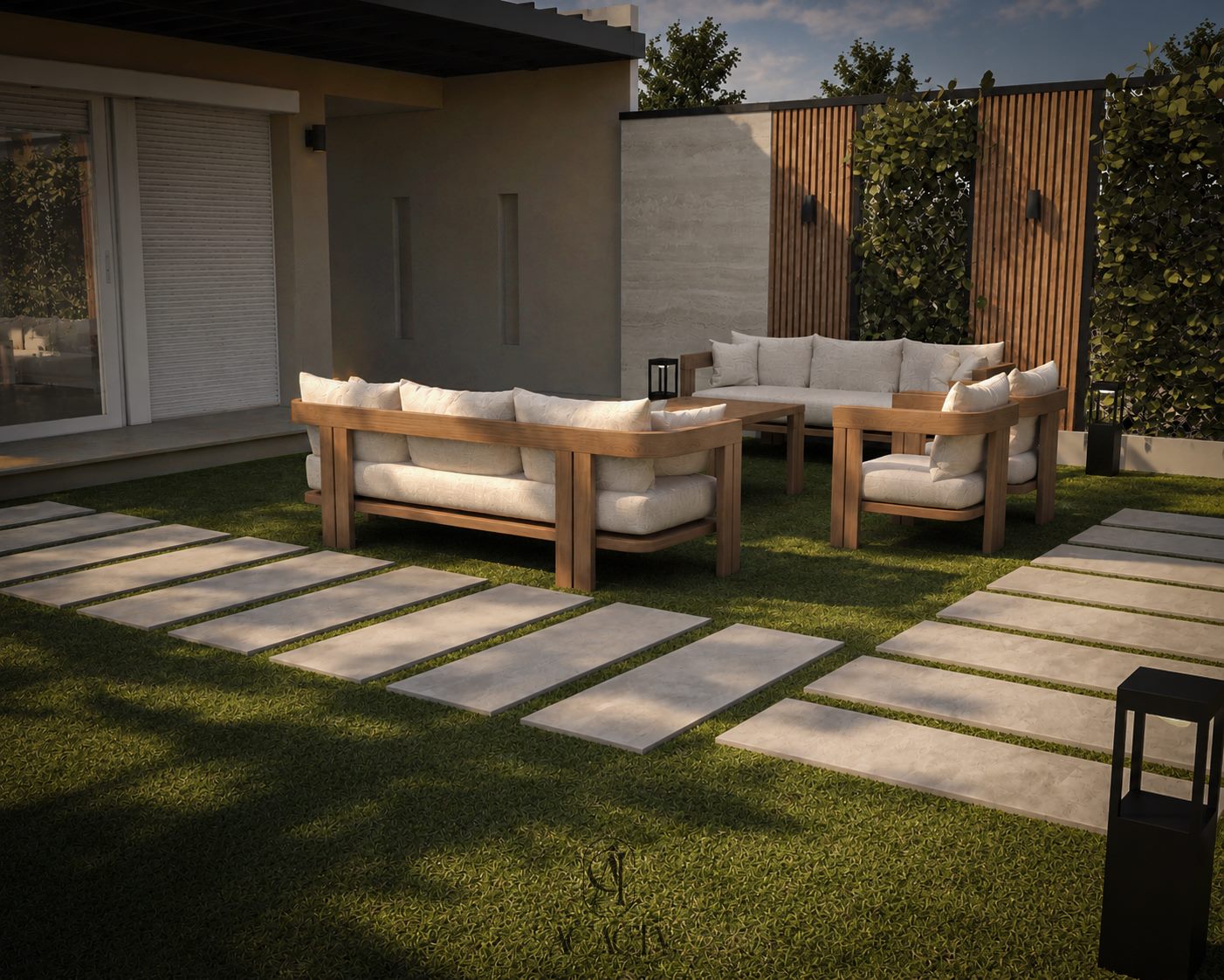 Wide view of the villa facade and lounge seating across the lawn