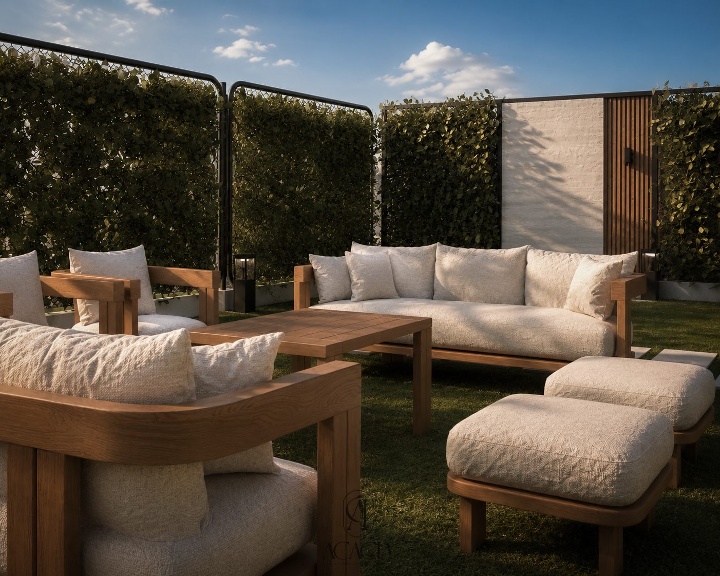 Teak lounge set against a hedge and black metal lattice privacy screen