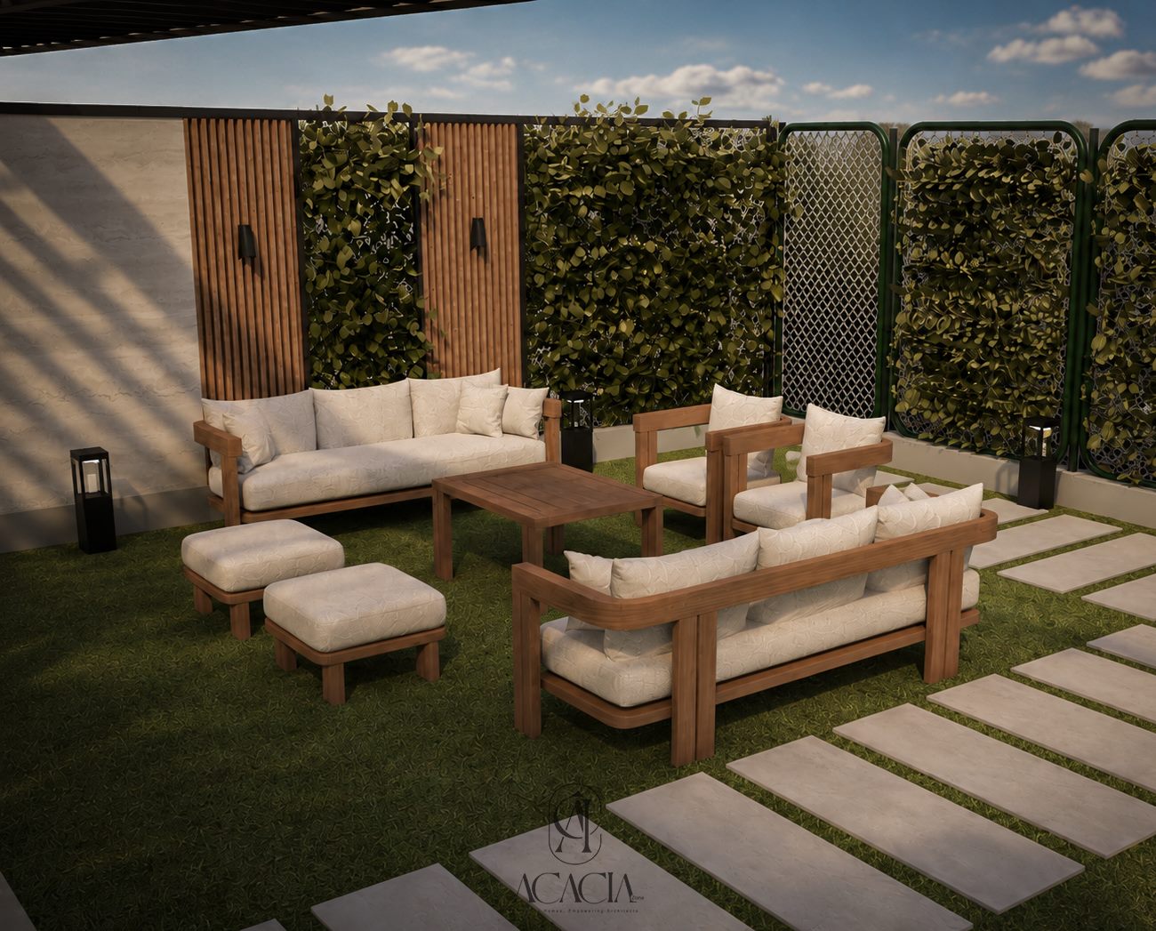 Lounge seating with a decorative green iron mesh gate woven with ivy
