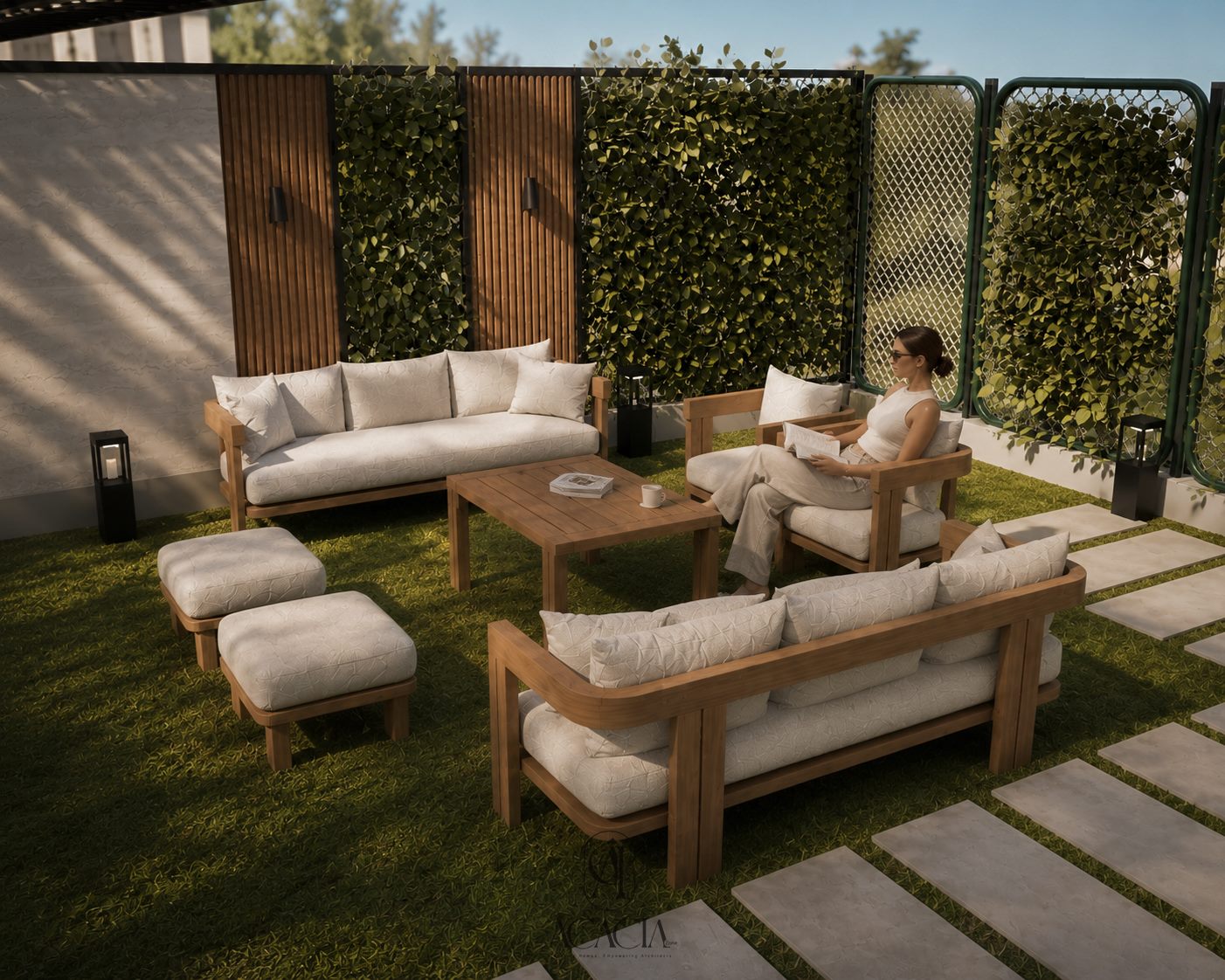Woman reading in a teak armchair with coffee in daylight
