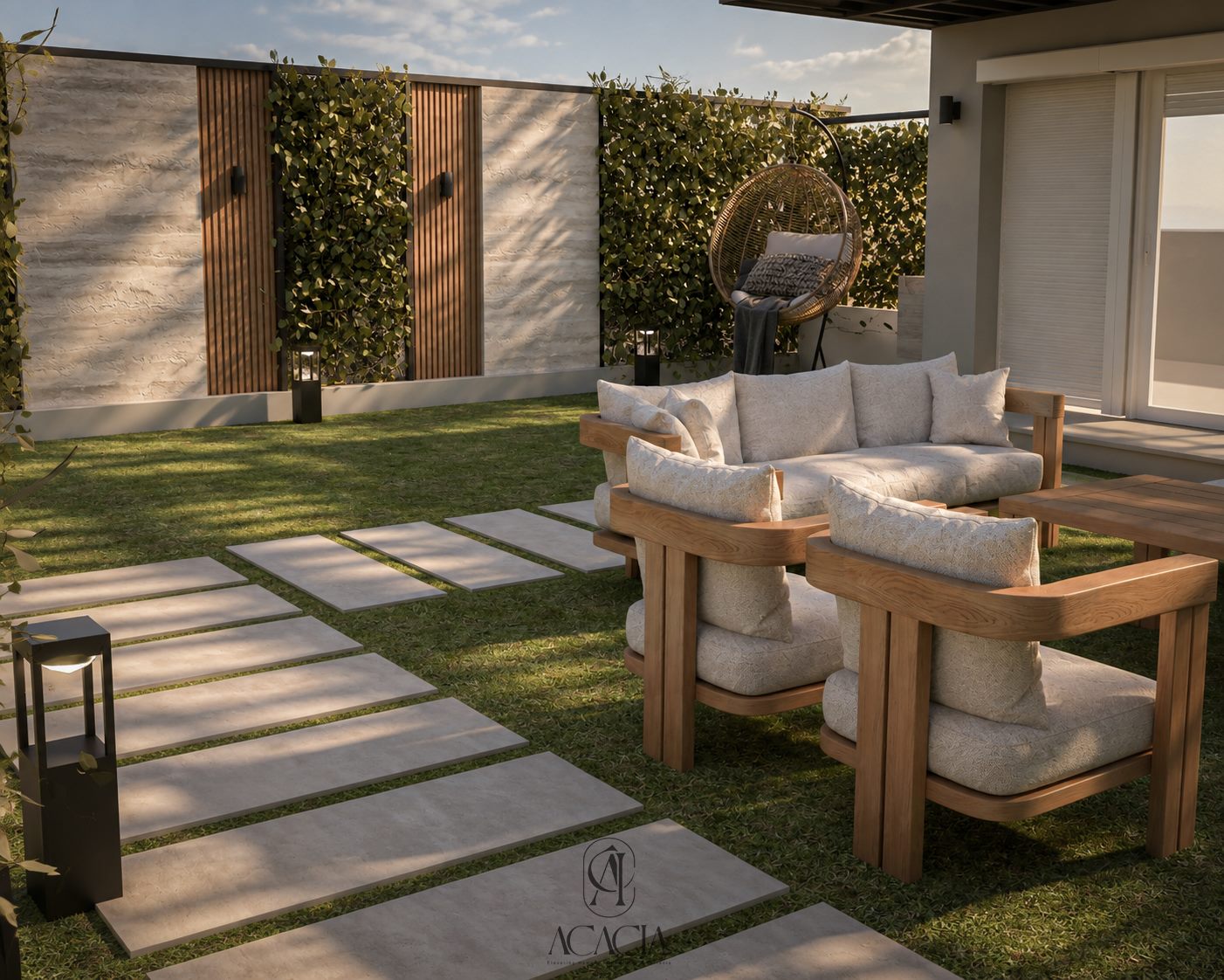 Wide view of the hanging rattan egg chair on a raised terrace platform