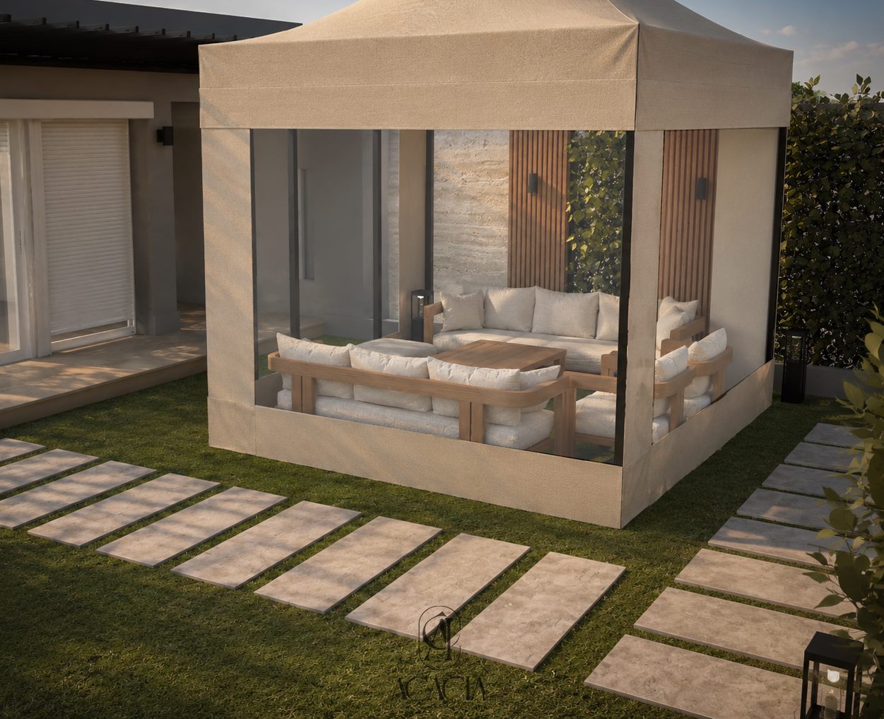 Glass-sided pop-up pavilion sheltering a teak sofa and coffee table