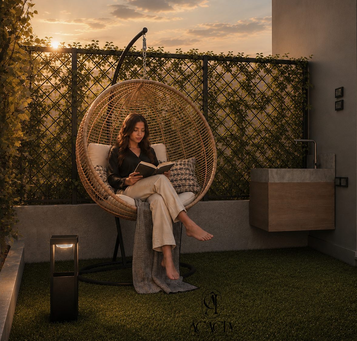 Woman reading in the rattan egg chair at sunset beside the built-in outdoor sink