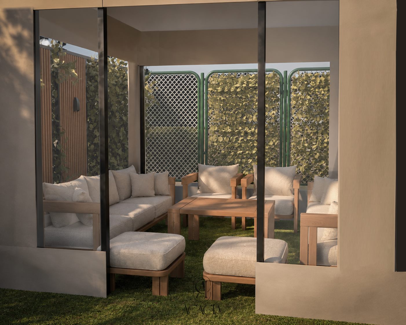 Lounge seating reflected in a glass garden corner feature