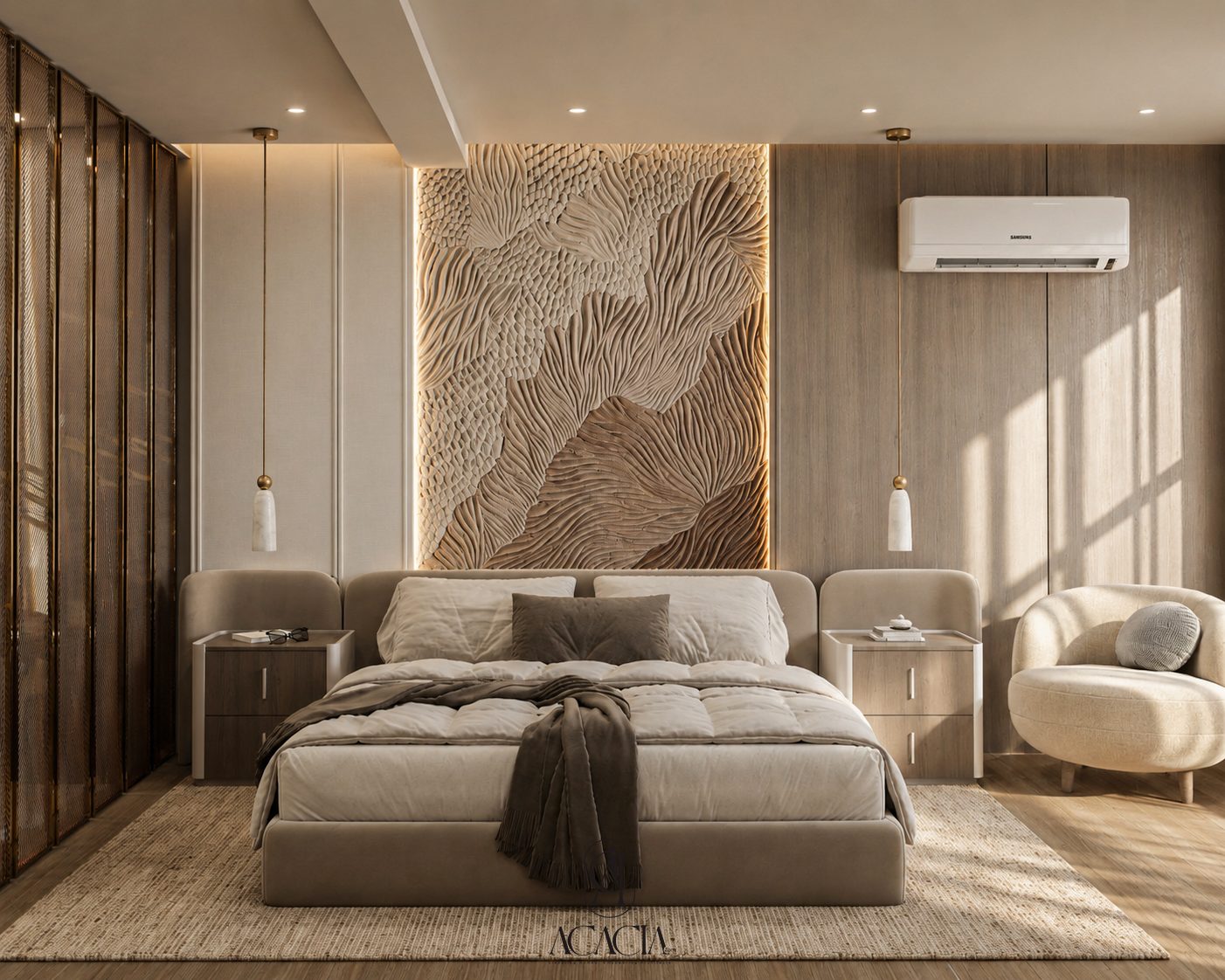 Wisal Apartment master bedroom sculptural wall