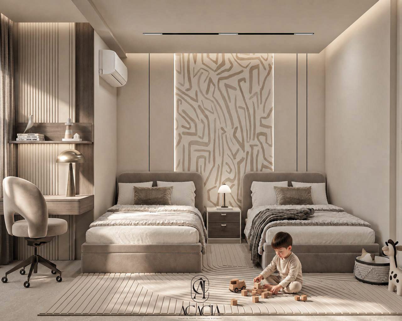 Wisal Apartment kids room twin beds and maze wall